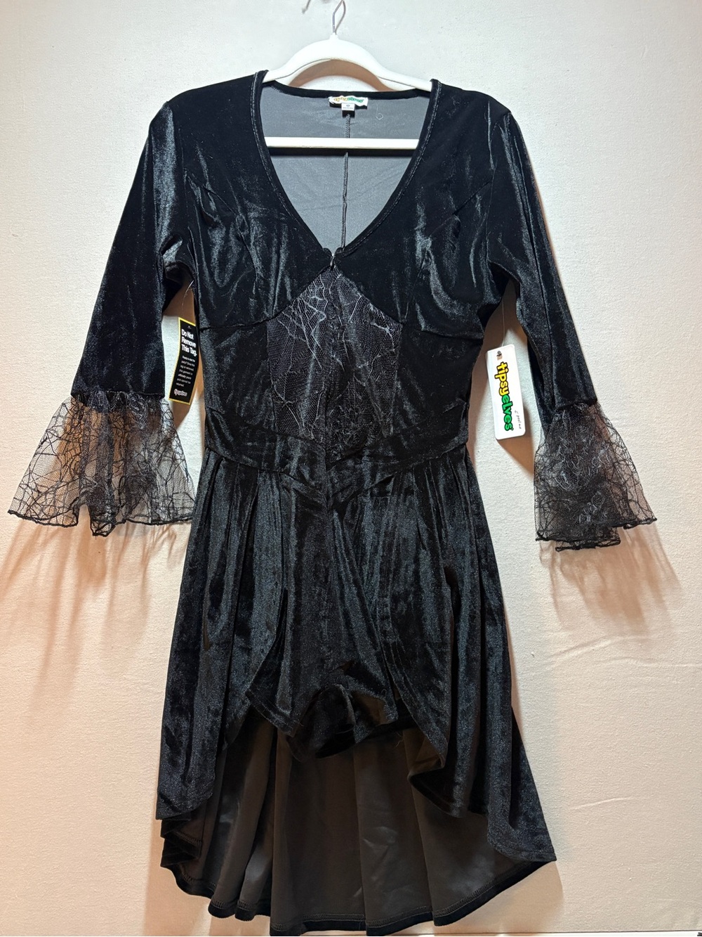 TIpsy Elves Black Velvet Witch Dress w/ Lace Bell Sleeves.   SIze M Costume